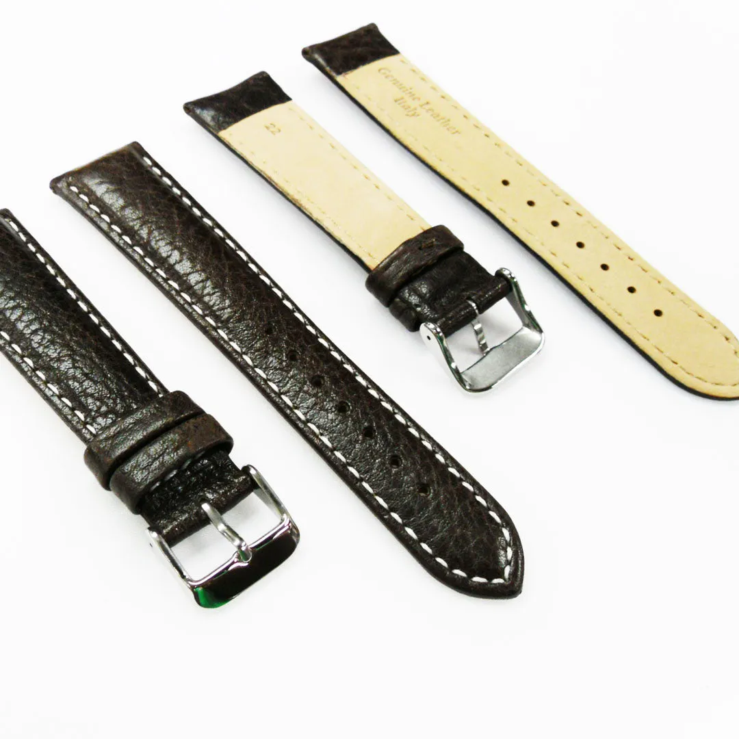 22MM Leather Watch Band Brown with Grain Padded White and Brown Stitched Regular Size Strap Replacement With Silver Buckle