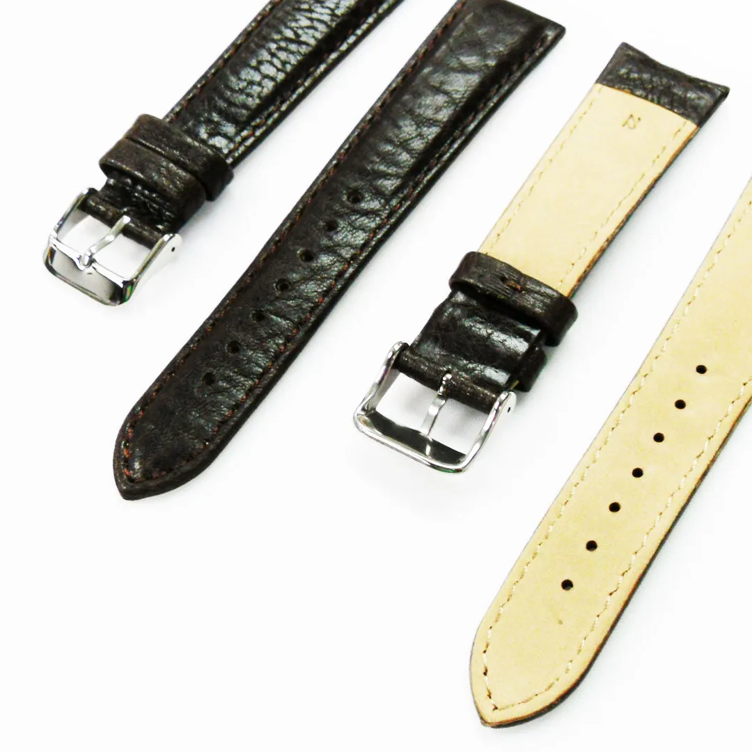 22MM Leather Watch Band Brown with Grain Padded White and Brown Stitched Regular Size Strap Replacement With Silver Buckle