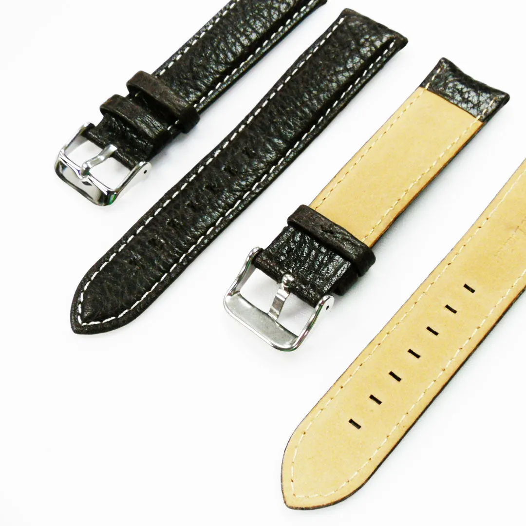 22MM Leather Watch Band Brown with Grain Padded White and Brown Stitched Regular Size Strap Replacement With Silver Buckle