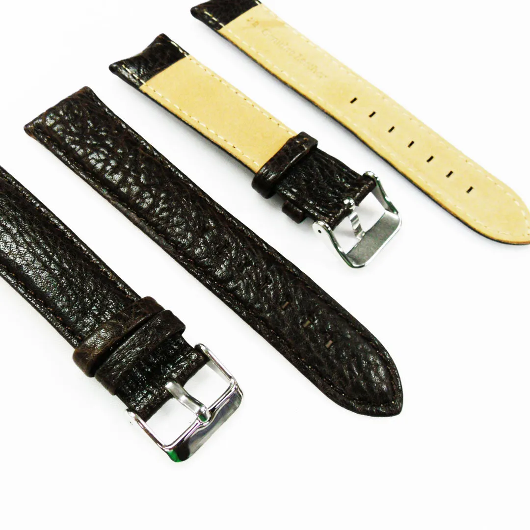 22MM Leather Watch Band Brown with Grain Padded White and Brown Stitched Regular Size Strap Replacement With Silver Buckle