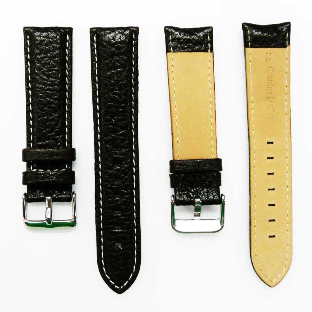 22MM Leather Watch Band Brown with Grain Padded White and Brown Stitched Regular Size Strap Replacement With Silver Buckle