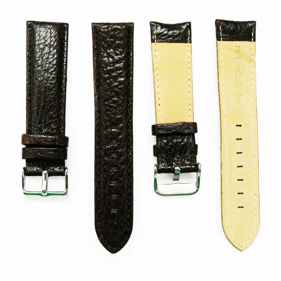 22MM Leather Watch Band Brown with Grain Padded White and Brown Stitched Regular Size Strap Replacement With Silver Buckle