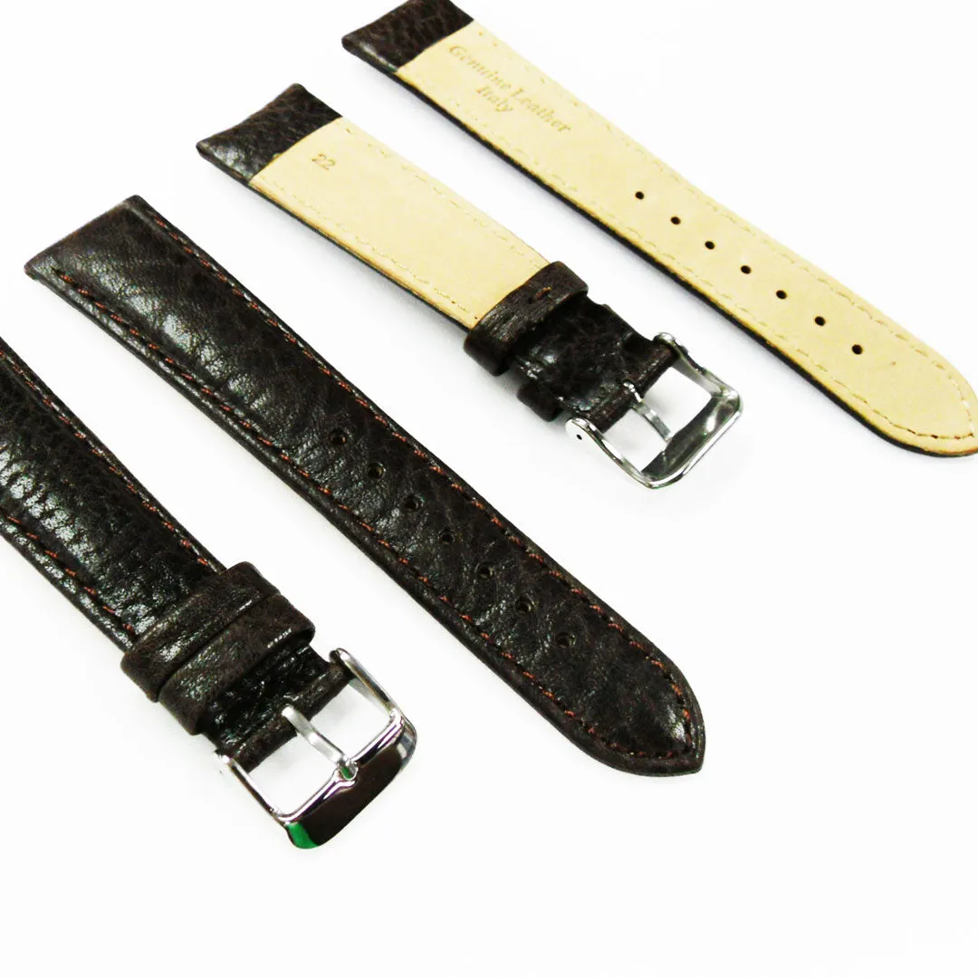 22MM Leather Watch Band Brown with Grain Padded White and Brown Stitched Regular Size Strap Replacement With Silver Buckle