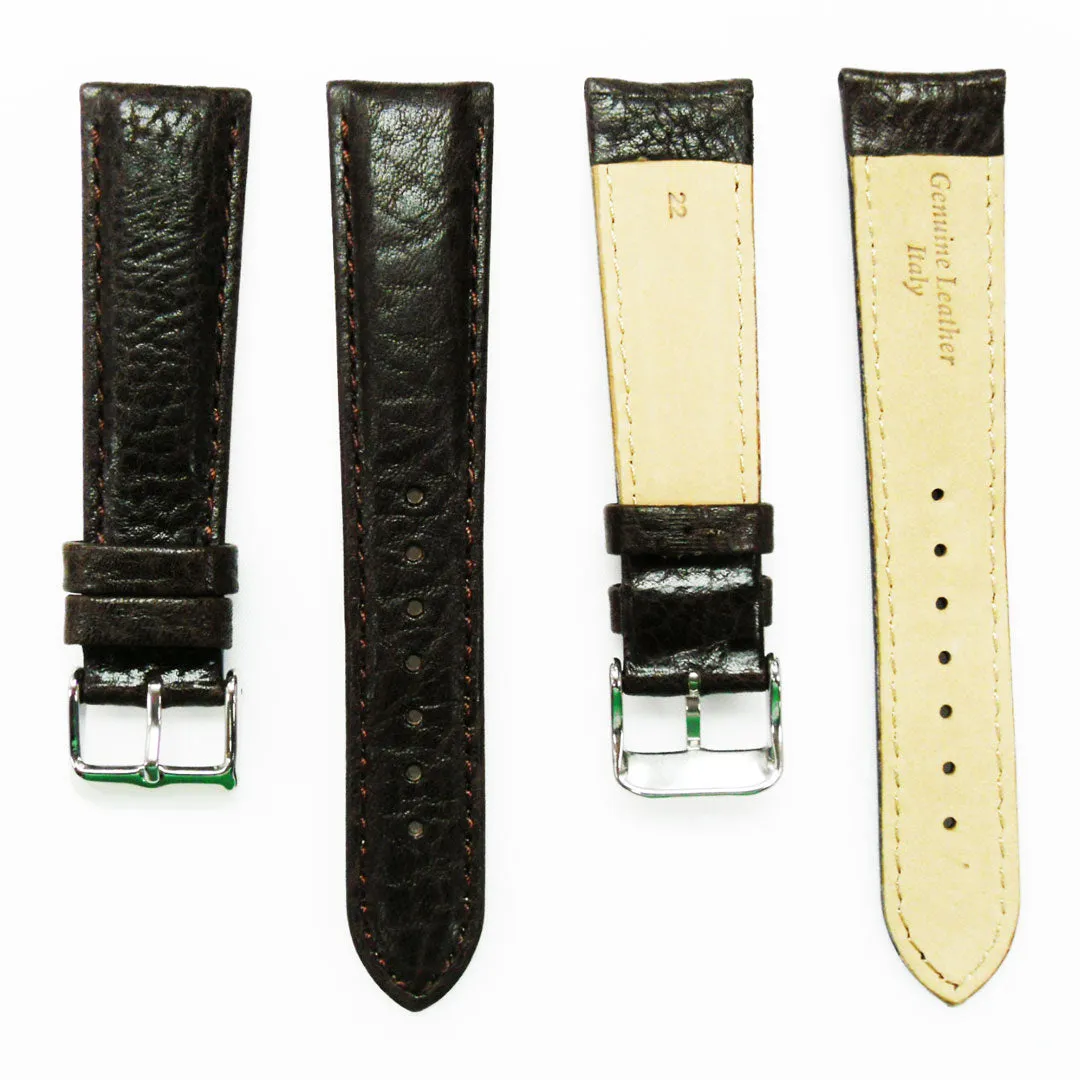 22MM Leather Watch Band Brown with Grain Padded White and Brown Stitched Regular Size Strap Replacement With Silver Buckle