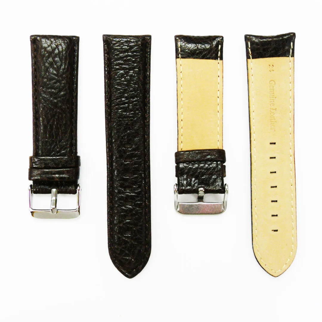 22MM Leather Watch Band Brown with Grain Padded White and Brown Stitched Regular Size Strap Replacement With Silver Buckle