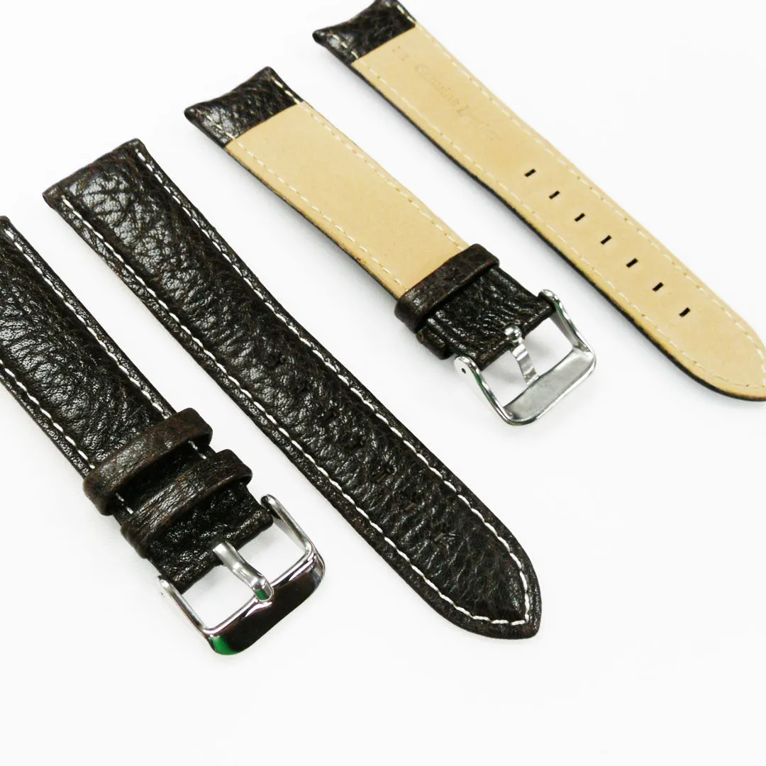 22MM Leather Watch Band Brown with Grain Padded White and Brown Stitched Regular Size Strap Replacement With Silver Buckle