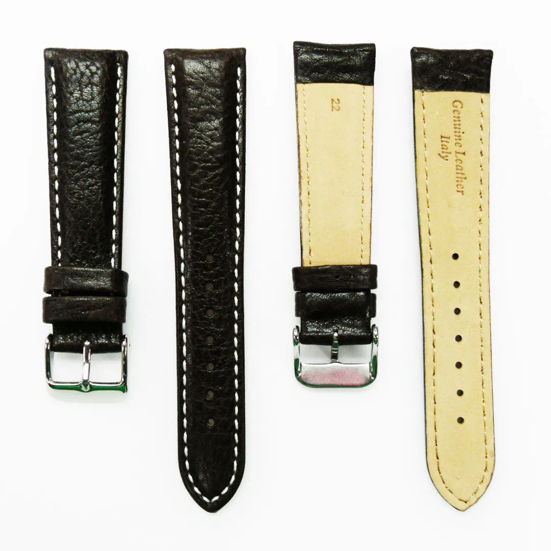 22MM Leather Watch Band Brown with Grain Padded White and Brown Stitched Regular Size Strap Replacement With Silver Buckle