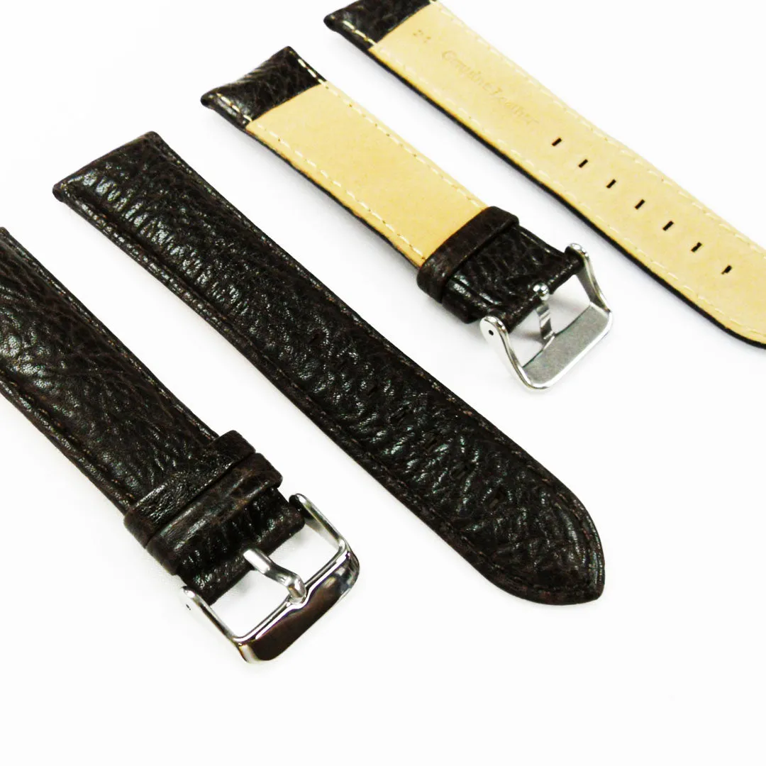 22MM Leather Watch Band Brown with Grain Padded White and Brown Stitched Regular Size Strap Replacement With Silver Buckle