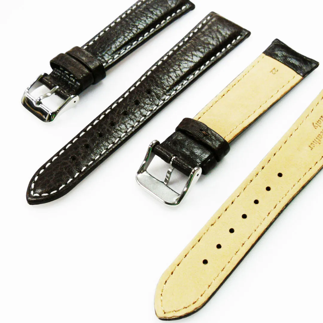 22MM Leather Watch Band Brown with Grain Padded White and Brown Stitched Regular Size Strap Replacement With Silver Buckle