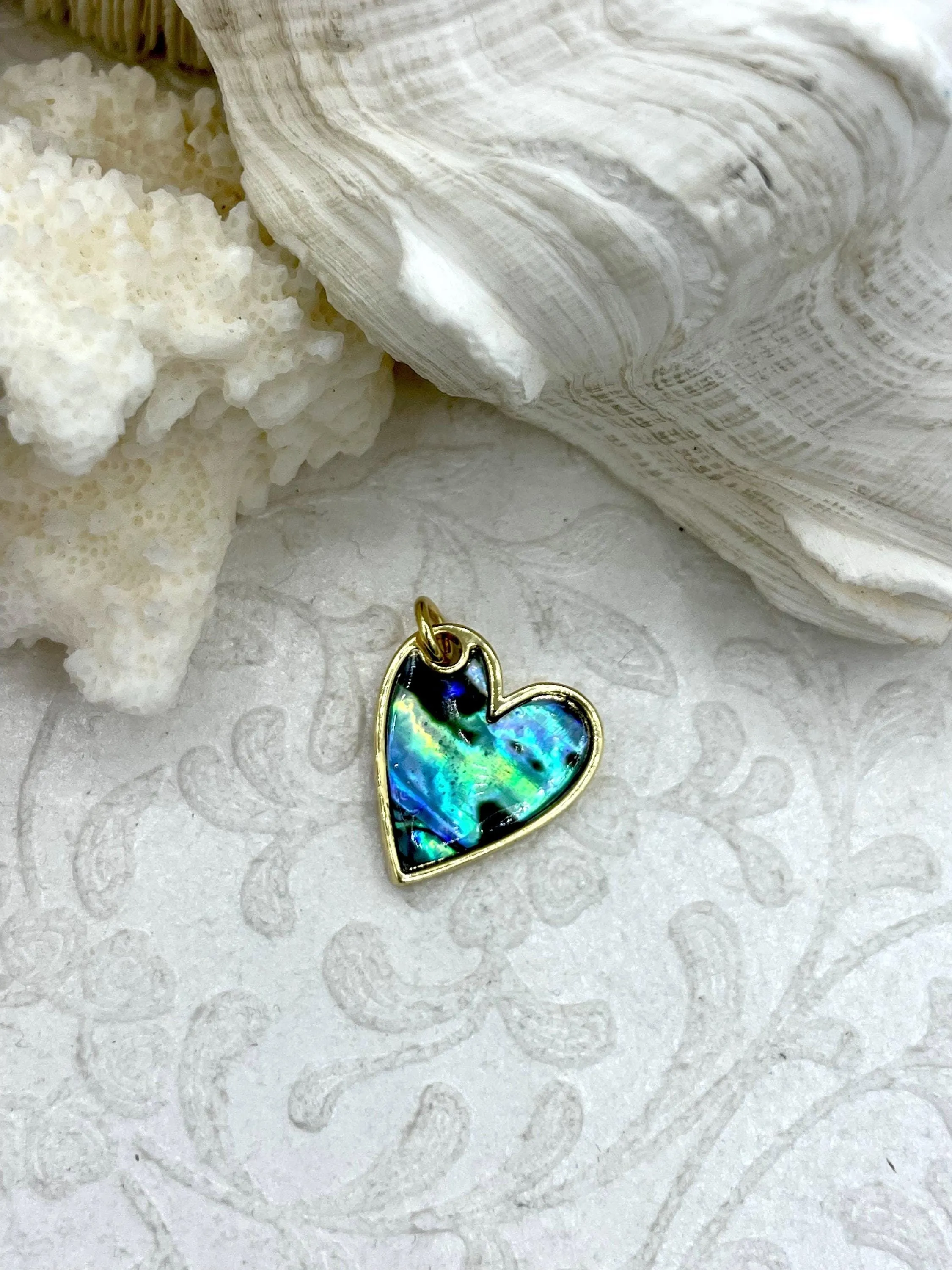 Abalone and Gold Heart Pendants, 20mm x 19mm, Abalone Heart Charms, Abalone Charms, Gold Plated Brass, Fast Ship