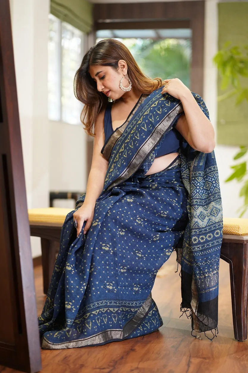 Ajrakh Hand Block Printed Linen Saree