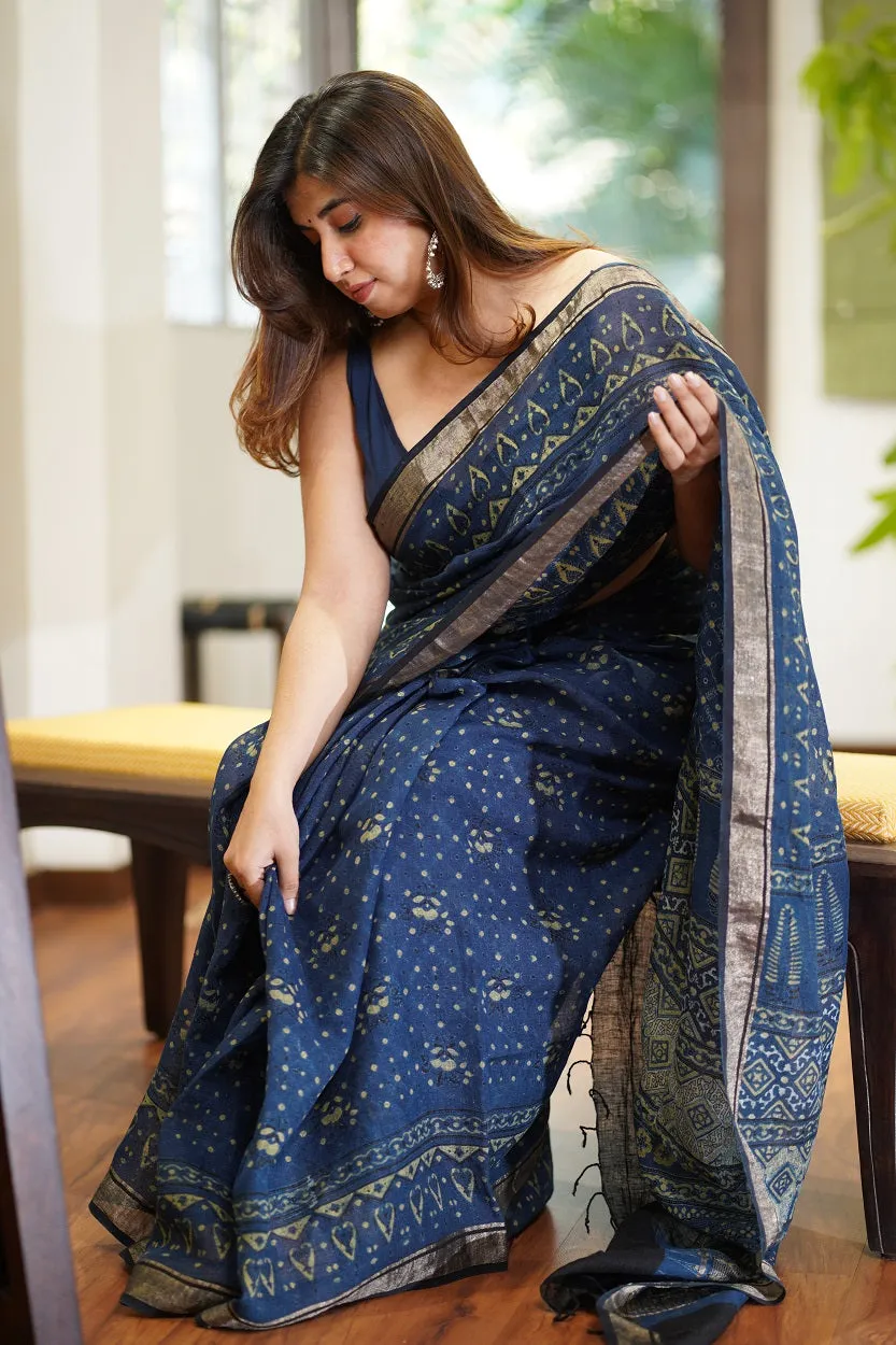 Ajrakh Hand Block Printed Linen Saree