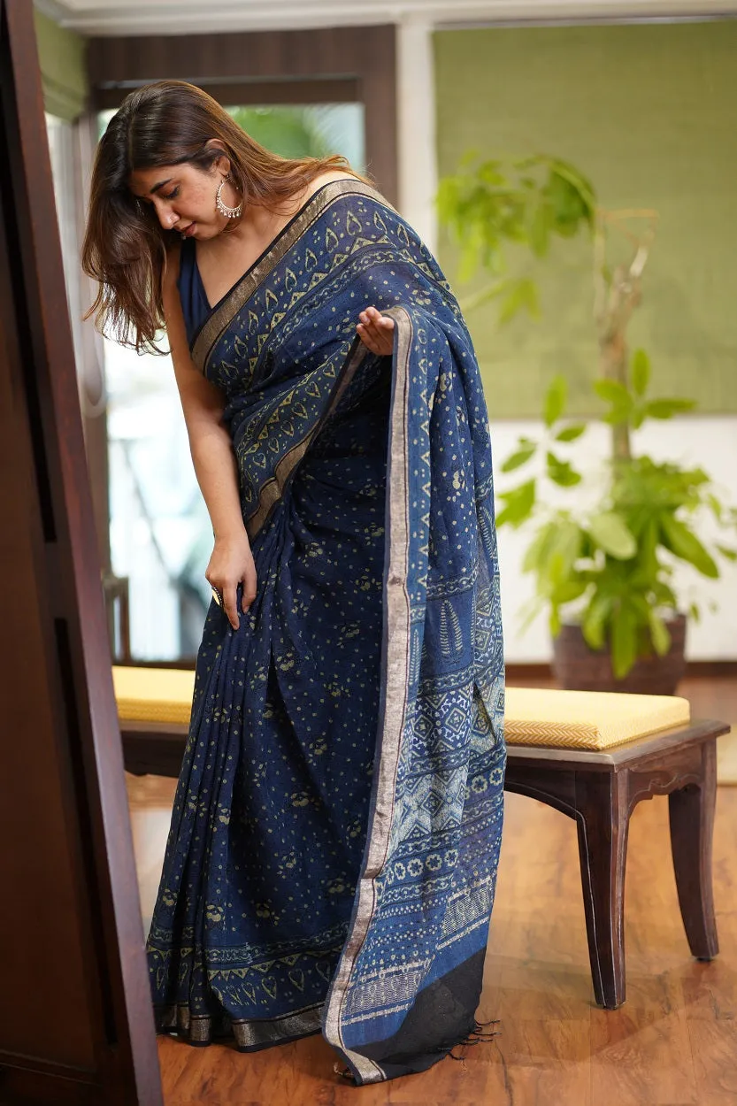 Ajrakh Hand Block Printed Linen Saree