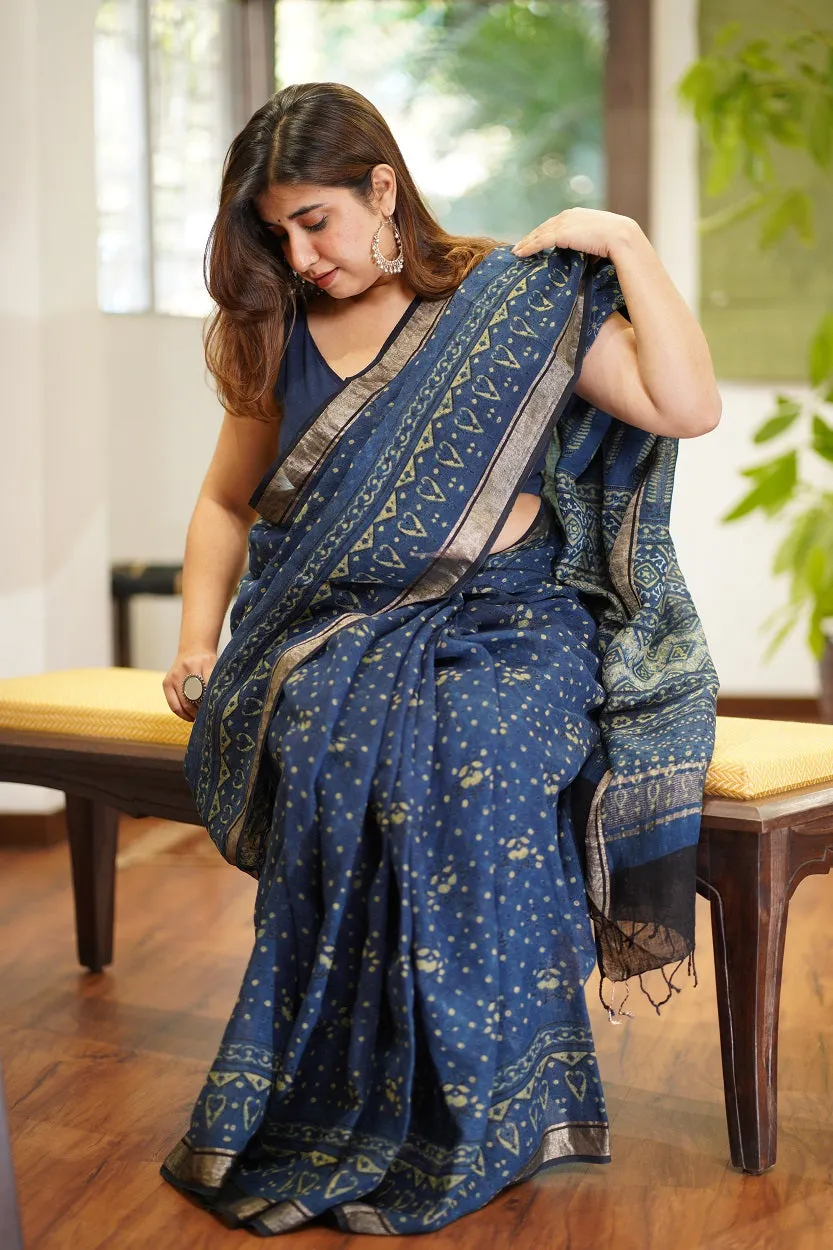 Ajrakh Hand Block Printed Linen Saree