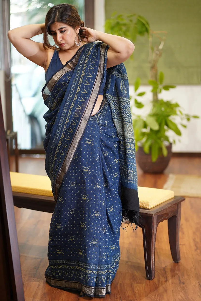 Ajrakh Hand Block Printed Linen Saree