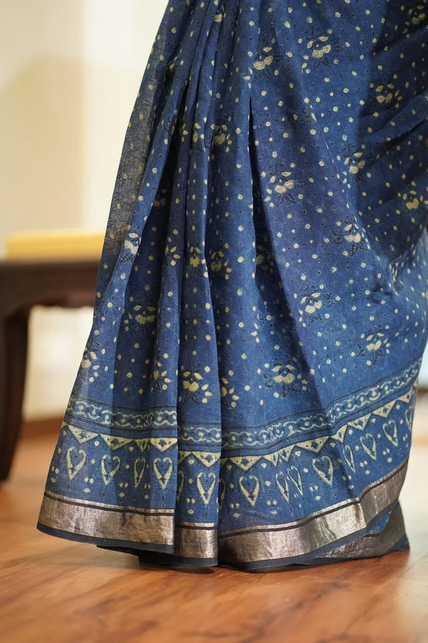 Ajrakh Hand Block Printed Linen Saree