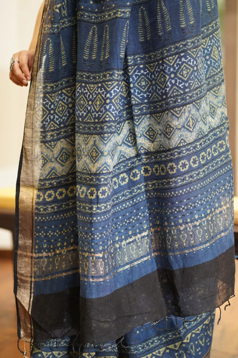 Ajrakh Hand Block Printed Linen Saree