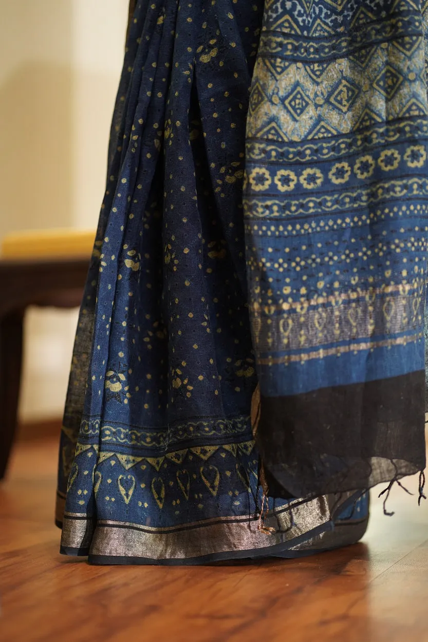 Ajrakh Hand Block Printed Linen Saree