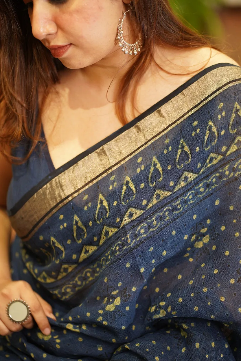 Ajrakh Hand Block Printed Linen Saree