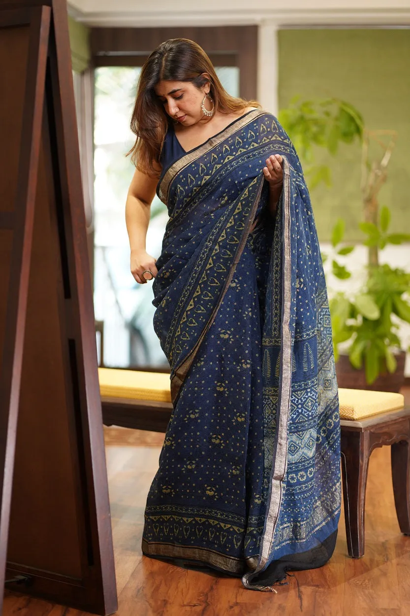 Ajrakh Hand Block Printed Linen Saree