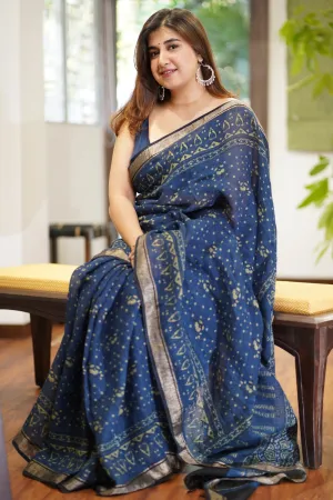 Ajrakh Hand Block Printed Linen Saree