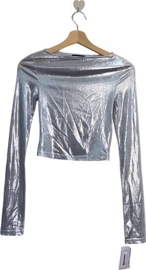 Babyboo Silver Metallic Long Sleeve Crop Top UK XS