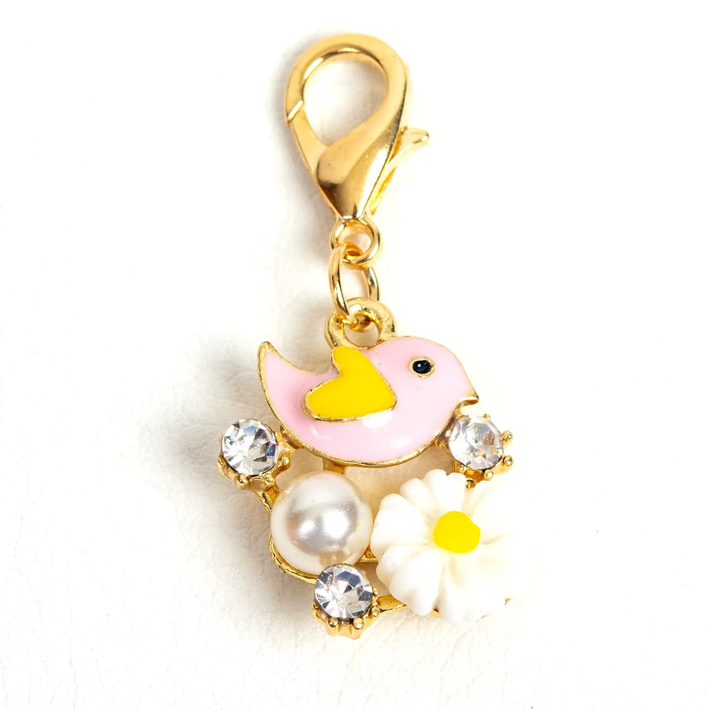 Bird and Flower Charm with Rhinestone and Pearl Accents