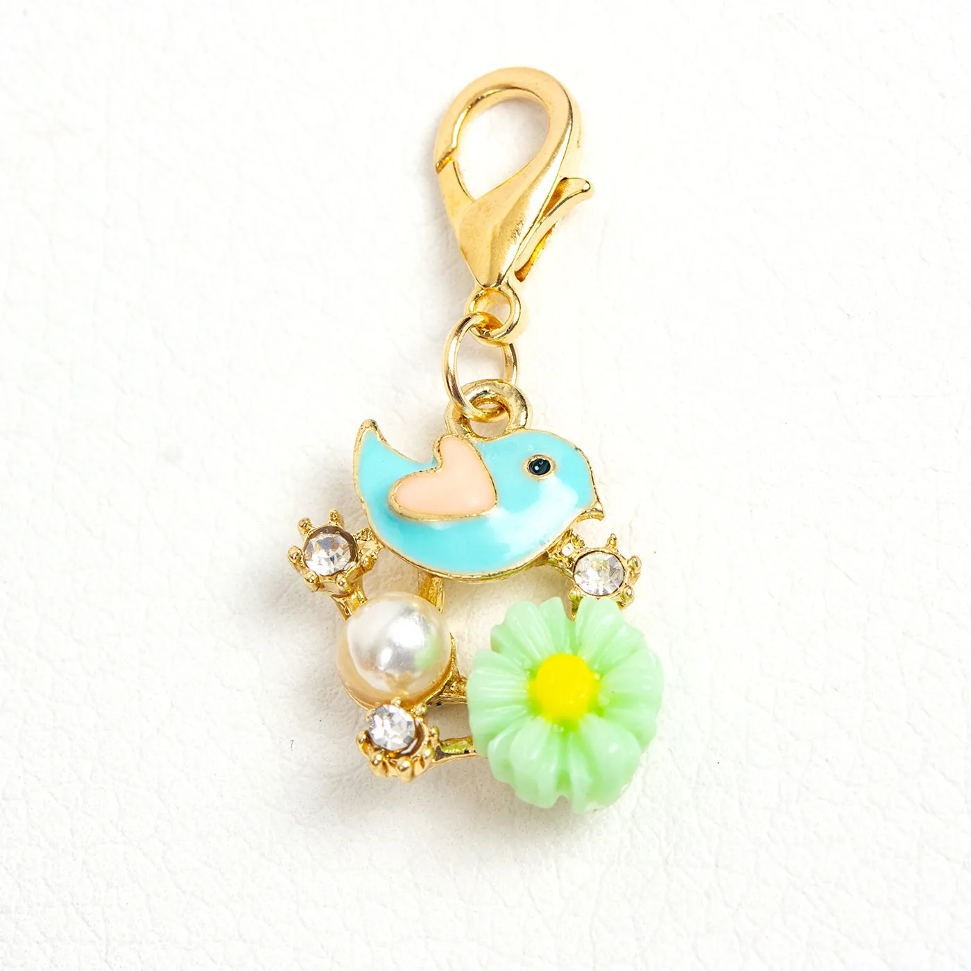 Bird and Flower Charm with Rhinestone and Pearl Accents