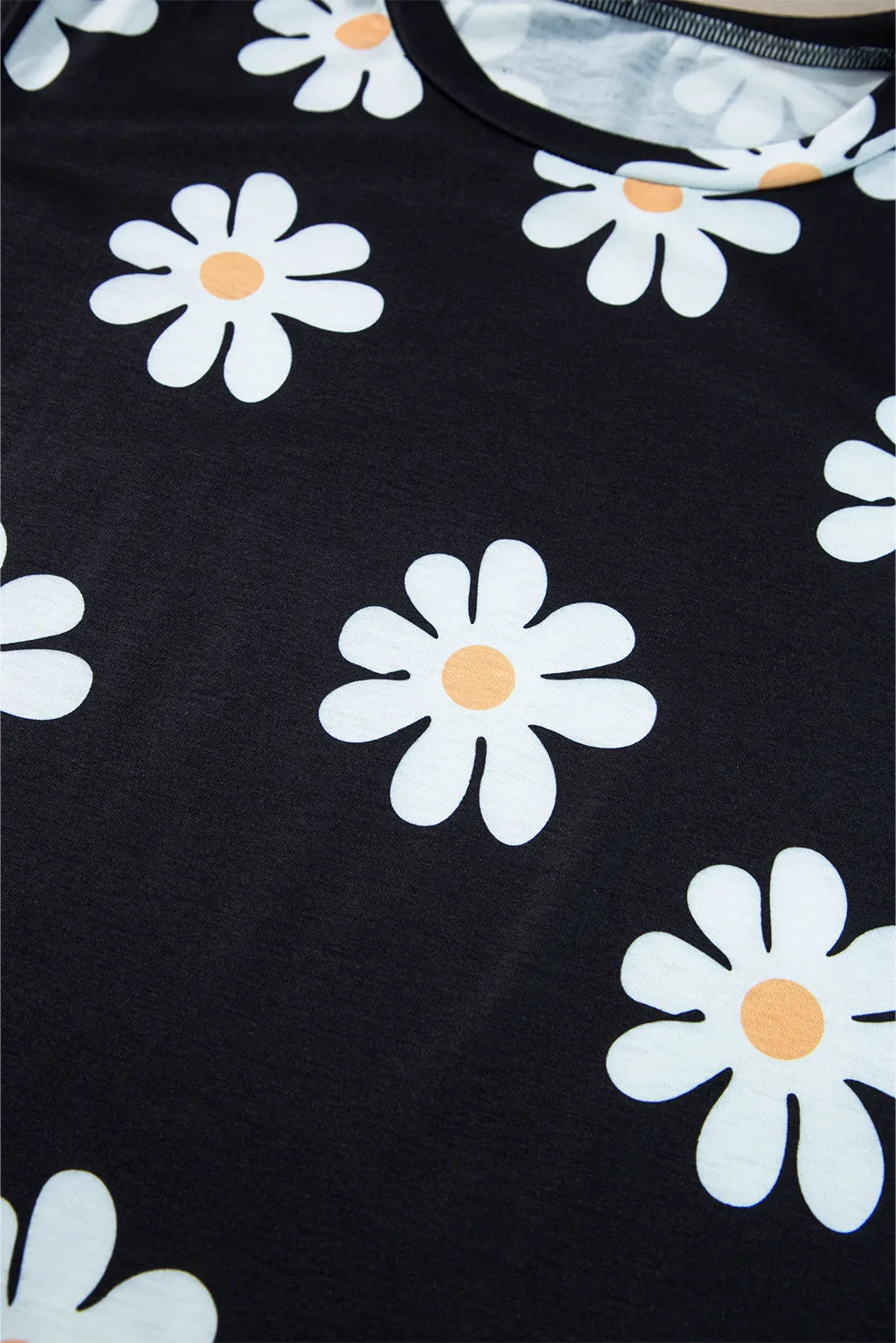 Black Daisy Printed Crewneck T Shirt