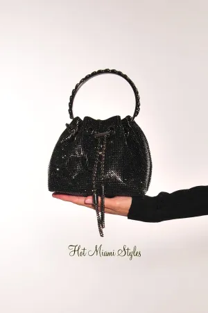 Black Fashion Rhinestone Drawstring Handle Cross Body