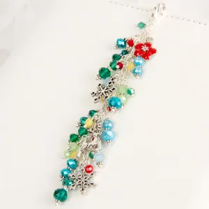 Cranberry Rose Dangle Planner Charm with Red Flower, Deer and Snowflake Charms and Red, Green, Blue and Yellow Crystals