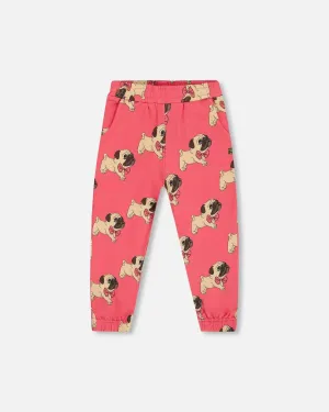 Fleece Sweatpants Magenta Printed Pug