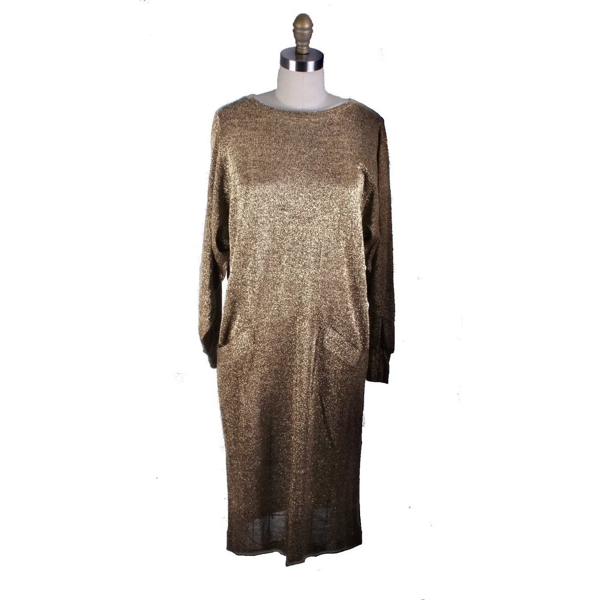 Gold Metallic Stretch Knit Vintage Sack Dress 1980s Never Worn  M/L Ned Gould