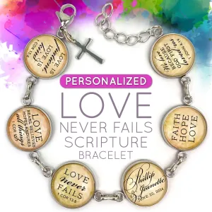 Love Never Fails - Personalized Love & Marriage Scripture Bracelet – Wedding & Anniversary Glass Charm Stainless Steel Christian Bracelet