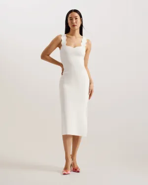 Sharmay Scallop Detail Midi Knit Dress Ivory