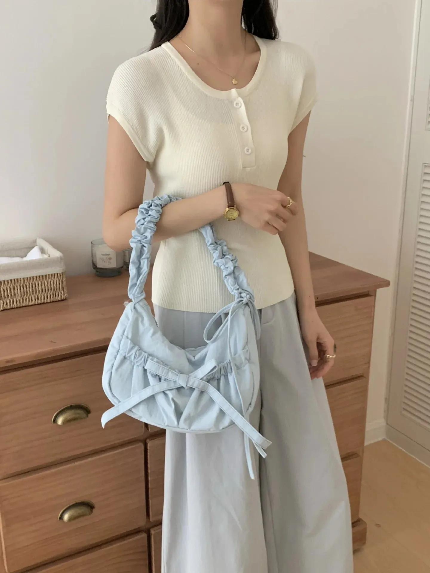 Small Bow Design Nylon Shoulder  Bags for Women Korean Fashion New Trend Crossbody Bag Lady Travel Handbags and Purses