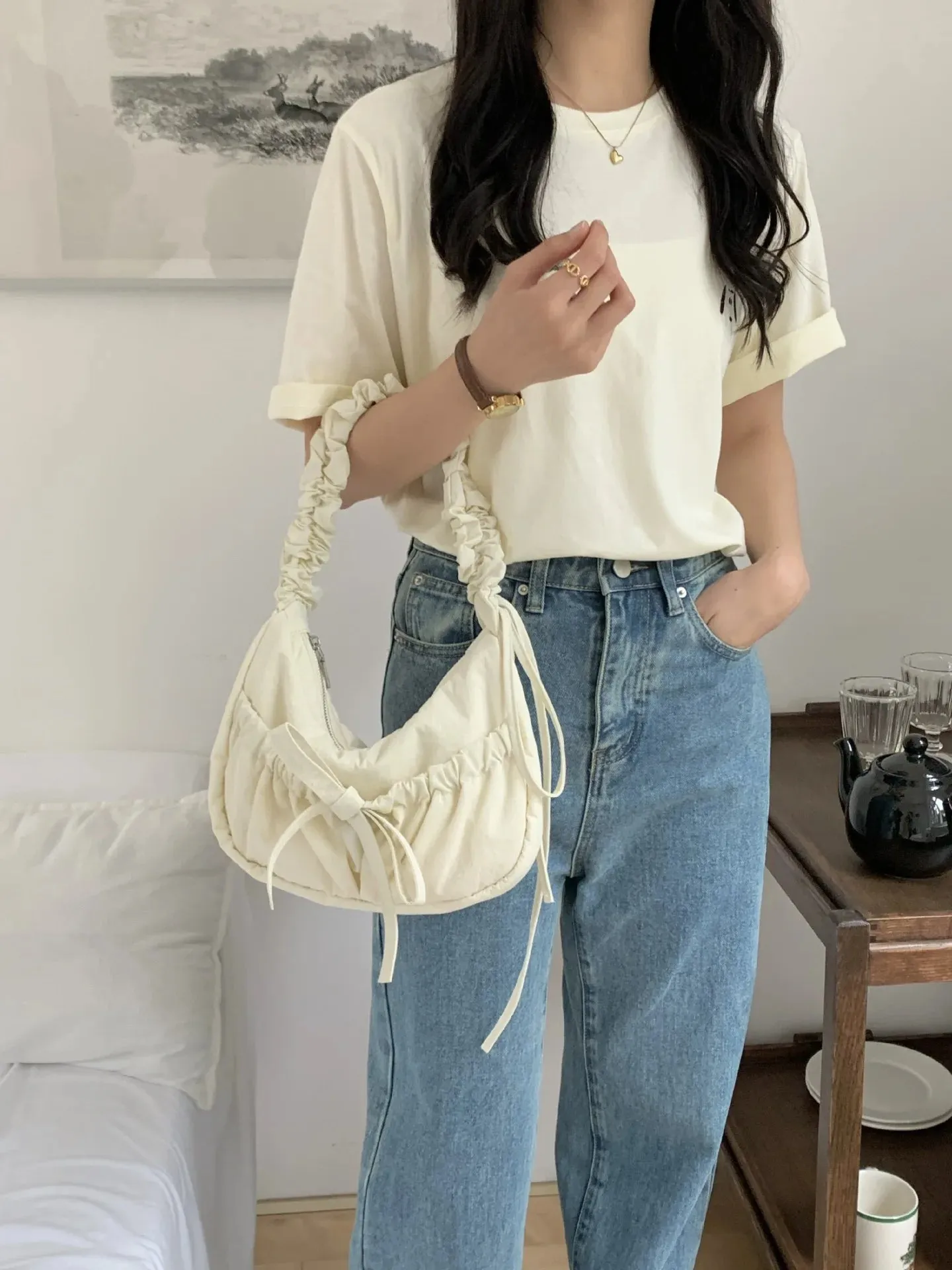 Small Bow Design Nylon Shoulder  Bags for Women Korean Fashion New Trend Crossbody Bag Lady Travel Handbags and Purses