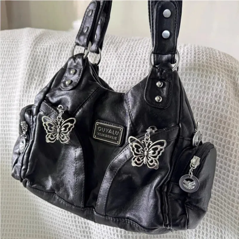 Sohiwoo Y2k Black Womens Shoulder Bag Gothic Original Advanced Fashion Tote Bag Large Capacity Leather Motorcycle Vintage Handbag