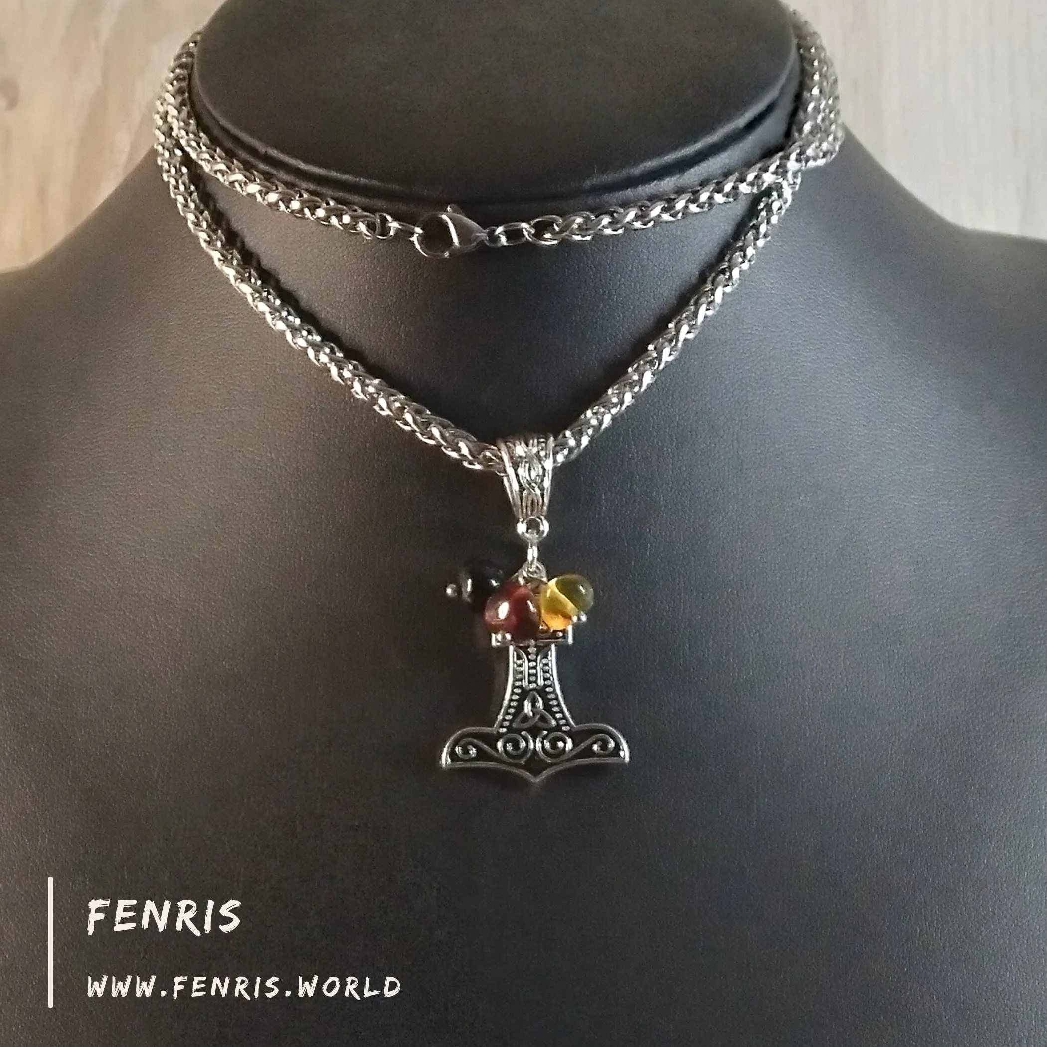 Thor's Hammer Necklace Silver Amber Hand Made | Fenris MTM