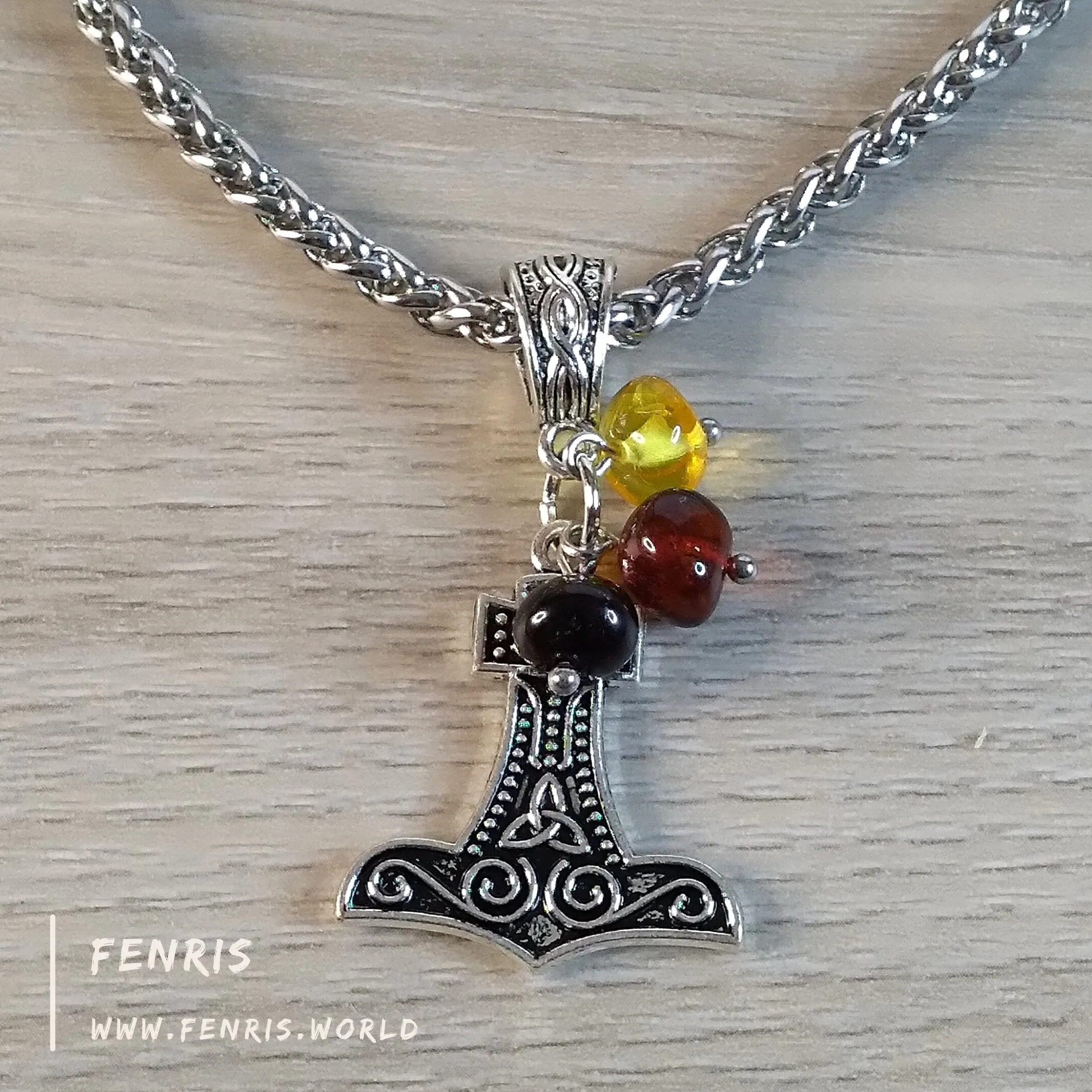 Thor's Hammer Necklace Silver Amber Hand Made | Fenris MTM